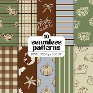 Peut inclure: Une collection numérique de 10 motifs sans couture avec des fonds marron, verts et bleus, illustrés de dessins au trait de papillons, citrouilles, nœuds, étoiles, lunes, étoiles de mer et tartes. Le texte central indique 10 seamless patterns 3000 x 3000 px 300 DPI.