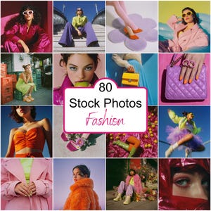 Puede incluir: Un collage de 12 fotos de stock de moda. Las imágenes presentan modelos con varios atuendos en colores vibrantes, incluyendo rosa, morado, naranja y verde. La imagen central tiene el texto "80 Stock Photos Fashion".