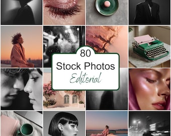 May include: A collage of 16 editorial stock photos. The images include a person in silhouette, close-ups of eyes with makeup, a plate with a macaron, a person in a blazer, a person in a coat, a typewriter, and a woman in a pink dress.