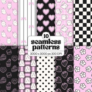 Kawaii Coquette Seamless Pattern Bundle, Pink Black White Digital Paper, Bunnies Cats Bows Hearts