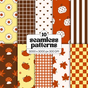 Puede incluir: Una colección de 10 patrones sin costuras con diseños de temática otoñal que incluyen margaritas, cuadrículas marrones, corazones, calabazas con estrellas, rayas, setas, hojas de arce, vichy y cuadros naranjas. Texto: 10 seamless patterns 3000 x 3000 px 300 DPI.