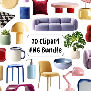 May include: A collection of various home decor and furniture items, including a sofa, chair, table, lamp, and decorative objects. The image includes the text "40 Clipart PNG Bundle". The items are in various colors, such as blue, yellow, and red.