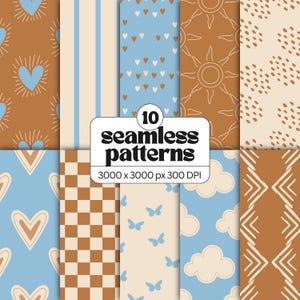 Op de afbeelding: Een collectie van 10 naadloze patronen met lichtblauwe, beige en bruine kleurenpaletten. De ontwerpen bevatten harten, verticale strepen, zonnen, stippen, ruiten, vlinders, wolken en chevronvormen. Tekst: 10 seamless patterns 3000 x 3000 px 300 DPI.
