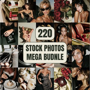 May include: A collage of images with a vintage aesthetic. The images include a classic car, roses, champagne glasses, and a rotary phone. Text reads "220 STOCK PHOTOS MEGA BUNDLE."