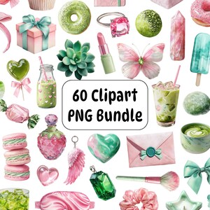 Pode incluir: Uma coleção de elementos de clipart em aquarela, incluindo uma caixa de presente, uma suculenta, uma borboleta, um anel, um batom, uma bebida, um doce em forma de coração e uma pedra preciosa verde. O texto "60 Clipart PNG Bundle" está no centro.