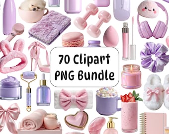 Bundel met 70 pastelkleurige, meisjesachtige clipart PNG-afbeeldingen voor zelfverzorging en schoonheid.