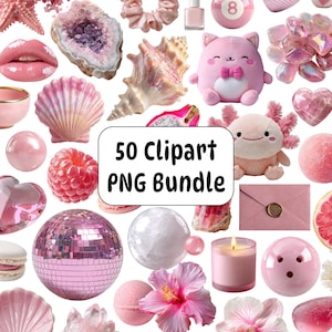 Pink Aesthetic Clipart PNG Bundle, Girly clipart, Soft Girl Era, Kawaii Cute Stickers, Digital Sticker, Feminine Clipart, Commercial Use