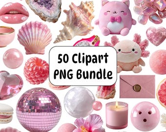Pink Clipart PNG Bundle, Kawaii Pastel Graphics (Commercial Use
