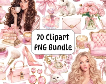 Watercolor Pink Coquette Clipart Bundle, Glam Feminine PNGs (Digital Download)