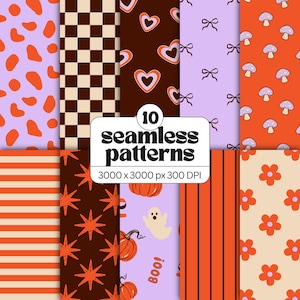 Pode incluir: Uma coleção de 10 padrões sem costura com designs em laranja, castanho e lavanda, incluindo manchas de vaca, xadrez, corações, laços, cogumelos, riscas, estrelas, abóboras, fantasmas com o texto Boo e flores. A imagem inclui o texto 10 seamless patterns 3000 x 3000 px 300 DPI.