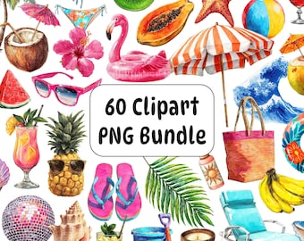 Tropical Beach Clipart PNG Bundle, Summer Party Graphics