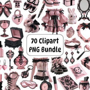May include: A collection of pink and black gothic-themed clipart images. The images include a dress, bunny, jewelry, shoes, and other accessories. The text "70 Clipart PNG Bundle" is in the center of the image.