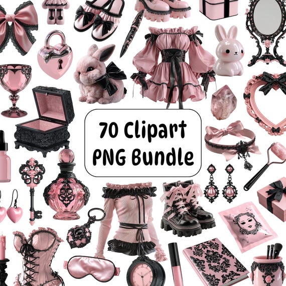70 Coquette Gothic Clipart PNG Bundle, Pink & Black Girly Elements, Digital Stickers