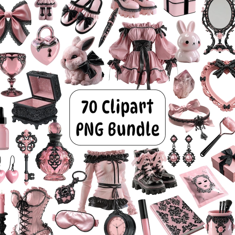 May include: A collection of pink and black gothic-themed clipart images. The images include a dress, bunny, jewelry, shoes, and other accessories. The text "70 Clipart PNG Bundle" is in the center of the image.