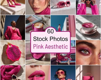 Lot de 60 photos roses, images de marque pour un style de vie féminin, pack de contenu pour réseaux sociaux