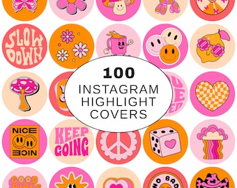 100 Retro Boho Instagram Highlight Covers – Aesthetic Pink & Orange PNG Icons for Story Highlights, Social Media Branding Set, Groovy Icons