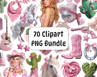 May include: A digital collection of pink cowboy-themed clipart. The images include a cowgirl, cowboy boots, a guitar, a horse, and a revolver. The text "70 Clipart PNG Bundle" is displayed in a white box.
