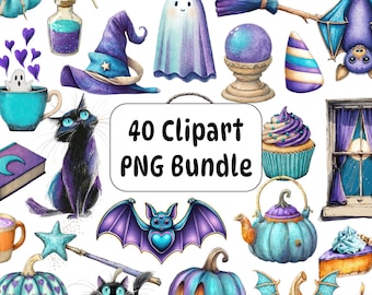 Blauwgroen en paars Halloween-clipart PNG-bundel, aquarel Witchy Art