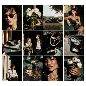 May include: A collage of images featuring luxury items and lifestyle scenes. Includes a woman wearing sunglasses, a vase of white flowers, a black car on a road, a woman in a black dress, a record player, a couple, a car interior, and a car exterior.