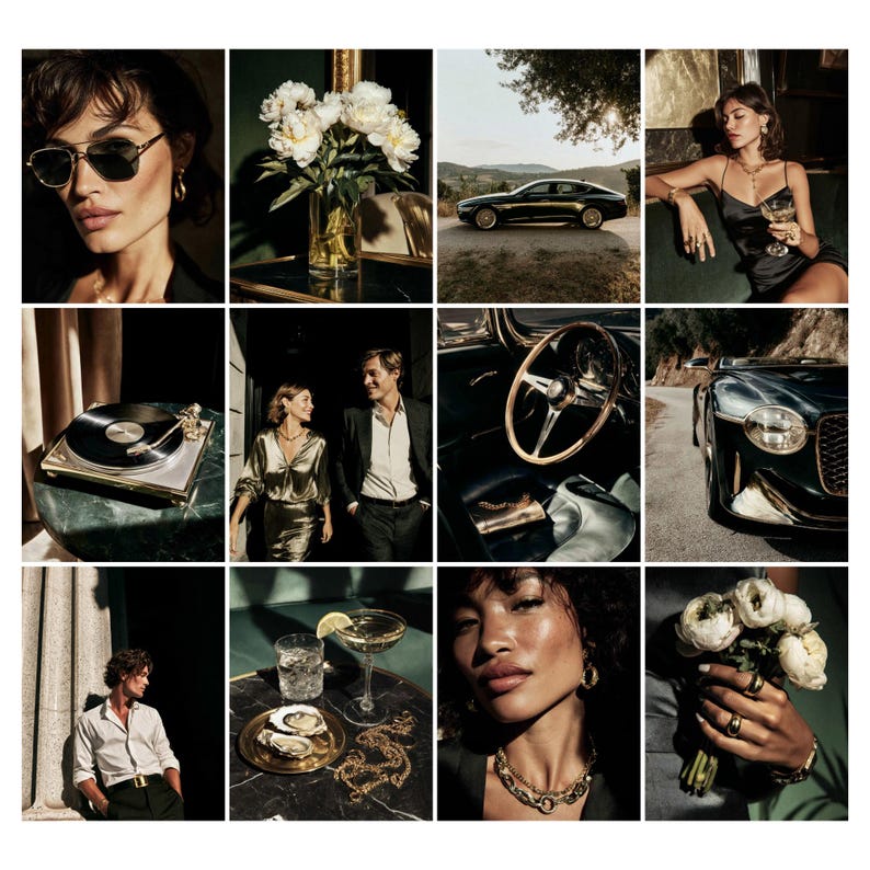 May include: A collage of images featuring luxury items and lifestyle scenes. Includes a woman wearing sunglasses, a vase of white flowers, a black car on a road, a woman in a black dress, a record player, a couple, a car interior, and a car exterior.
