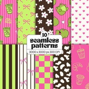 May include: A digital collection of 10 seamless patterns featuring various designs including matcha drinks with the text Good Vibes & Matcha, pink bows, white flowers on brown, green frogs, pink hearts, stripes, checkers, and cow print.