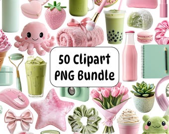 50 Kawaii Clipart PNG Bundle, Feminine Lifestyle Pink Green, Matcha Strawberry Pastel, Girly Graphics