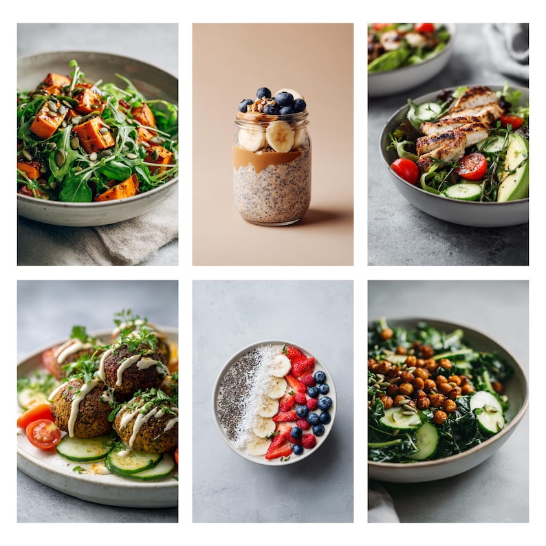 May include: A collage of six healthy food dishes. Includes salads with grilled chicken and roasted vegetables, a chia seed parfait with fruit, a bowl of falafel, and a bowl of yogurt with berries and seeds. The dishes are in gray bowls.