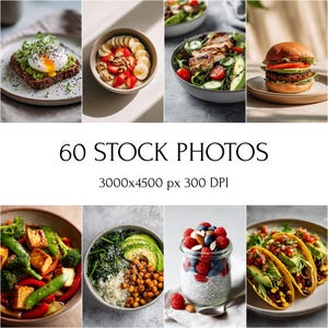 Pode incluir: Uma coleção de oito fotos de stock de comida. As imagens incluem torradas de abacate com ovo, aveia com frutas, uma salada com frango grelhado, um hambúrguer, uma tigela de vegetais, uma tigela de arroz e abacate, um pote de frutas vermelhas e tacos. O texto "60 STOCK PHOTOS" é visível.