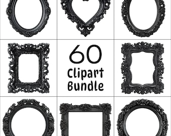 60 Gothic Black Frame Clipart, Ornate Vintage PNG Bundle (Digital Download)