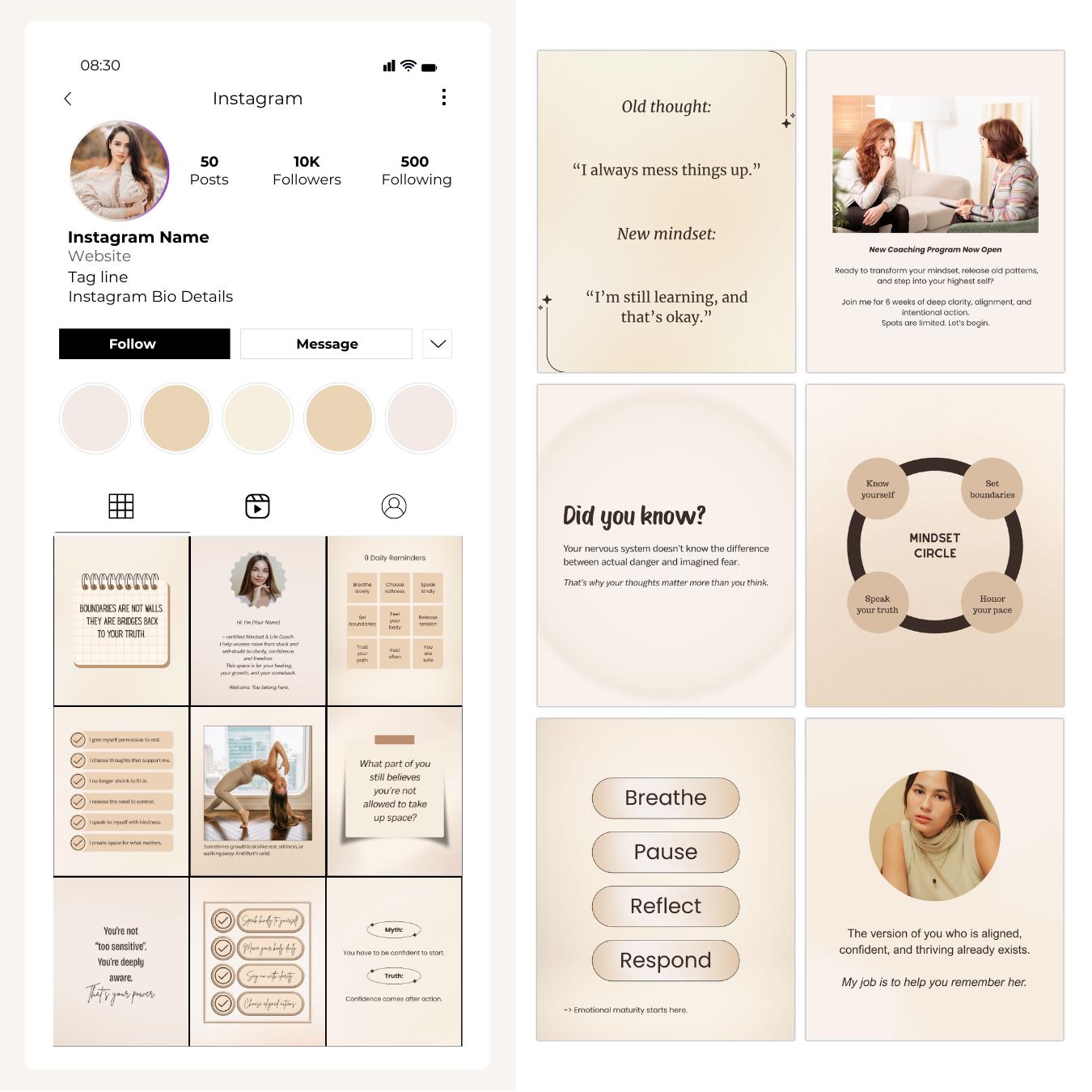 Mindset Coaching Instagram Templates: 50 Beige Canva Posts (portrait ...
