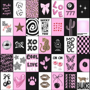 May include: A collage of pink, black, and white squares with various graphics and text. Images include dice, leopard print, bows, the word "LOVE", an 8-ball, stars, hearts, a disco ball, a cactus, a leopard, and the text "Make your own magic".