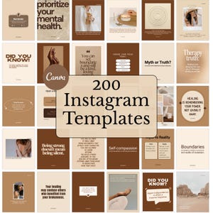 May include: A collage of 200 Instagram templates with brown and beige backgrounds. The templates feature text about mental health, self-compassion, boundaries, and healing. The text "200 Instagram Templates" is in the center of the image.