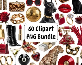 60 Luxury Clipart PNG Bundle, Red Gold Glam Graphics, Old Money Fashion Digital Download