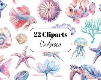 Undersea Watercolor Clipart | 22 Sea Animals, Fish, Shells PNG (Digital Download)