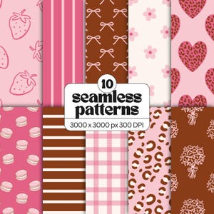 Paquete de patrones sin costuras Coquette: Papel digital rosa y marrón, lazos, corazones de leopardo, cuadros vichy, fresas, flores.