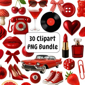 Rött clipartpaket, retro Y2K PNG-grafik (digital nedladdning)