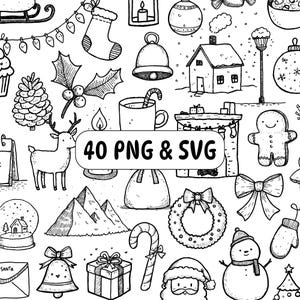 40 Christmas Winter Doodle Clipart PNG SVG Bundle, Hand Drawn Holiday Line Art Icons