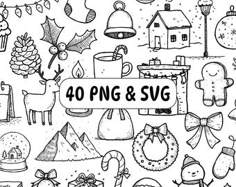 40 Christmas Winter Doodle Clipart PNG SVG Bundle, Hand Drawn Holiday Line Art Icons