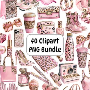 May include: A collection of pink and leopard print accessories and products, including shoes, handbags, sunglasses, and a camera. The image includes the text "40 Clipart PNG Bundle".