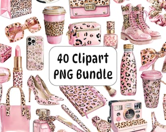 Pink Leopard Print Clipart Bundle: Girly Fashion Stickers (PNG Digital Download)