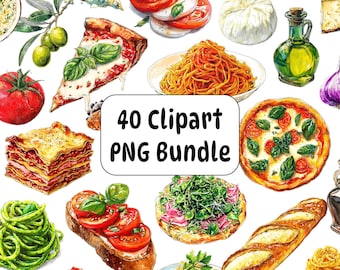 Italian Food Watercolor Clipart, Pizza, Pasta, Hand-Drawn PNG Bundle