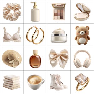 May include: A collection of beauty and fashion items, including a scrunchie, lotion dispenser, eyeshadow palette, compact, bra, gold hoop earrings, cream, teddy bear, sun hat, perfume bottle, bow, headphones, books, coffee cup, boots, and a ring.