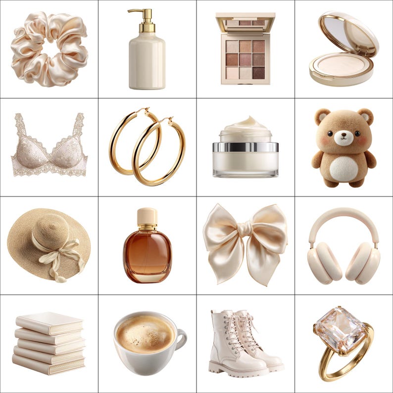 May include: A collection of beauty and fashion items, including a scrunchie, lotion dispenser, eyeshadow palette, compact, bra, gold hoop earrings, cream, teddy bear, sun hat, perfume bottle, bow, headphones, books, coffee cup, boots, and a ring.