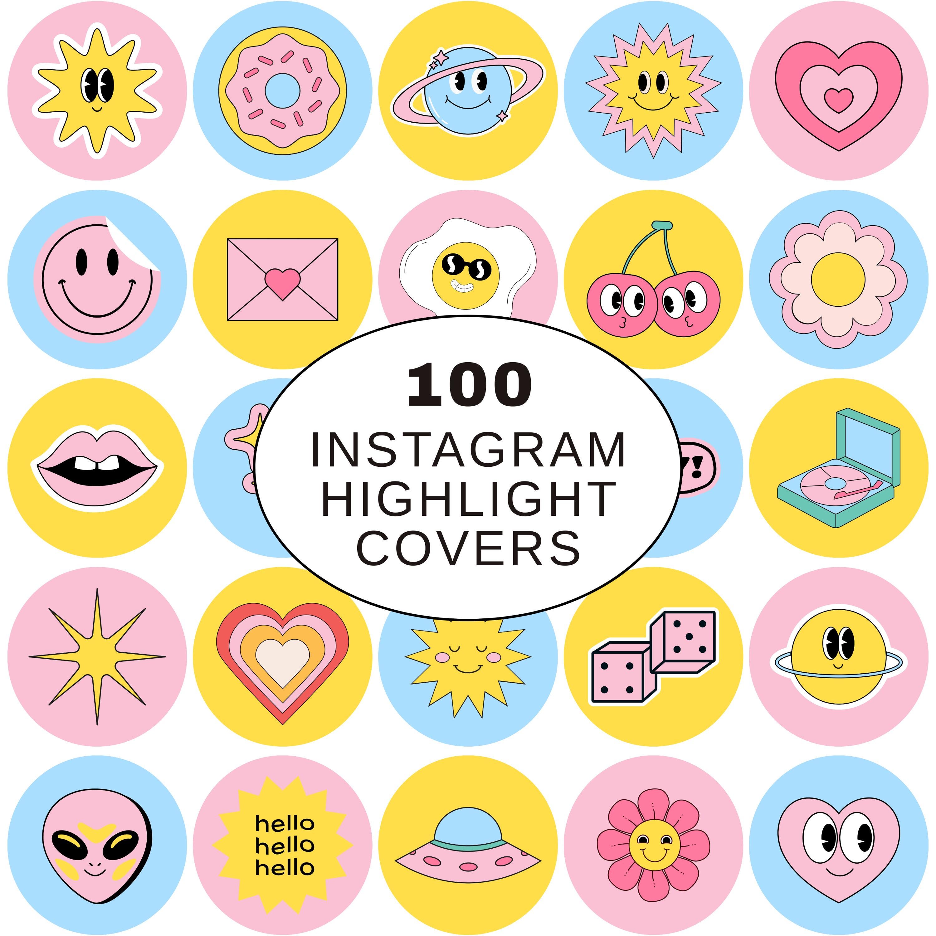 100 Instagram Highlight Covers – Retro Cute Aesthetic Icons PNG – Playful IG Story Set, 90s Style, Pastel Colors Profile Covers Download