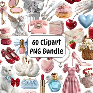 Puede incluir: Una colección de varias imágenes prediseñadas, que incluyen un teléfono rosa, un cisne blanco, un vestido rojo, un frasco de perfume y un macaron en forma de corazón. El texto "60 Clipart PNG Bundle" se muestra en un cuadro blanco.