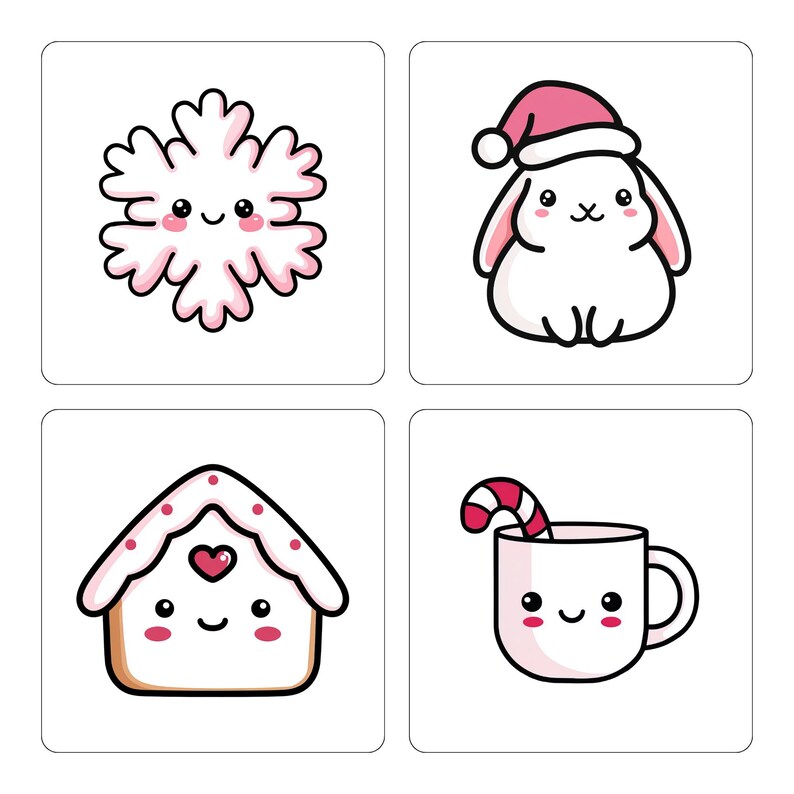 60 Kawaii Christmas Clipart PNG Bundle, Pink Red White Holiday Winter ...