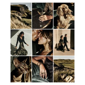 May include: A collage of images featuring a variety of subjects. Included are a landscape with a cliffside, a person's hand with rings holding a cocktail, a dog, a woman in a gold skirt, a couple, a couple walking, a cat, a hand with jewelry, and a landscape.