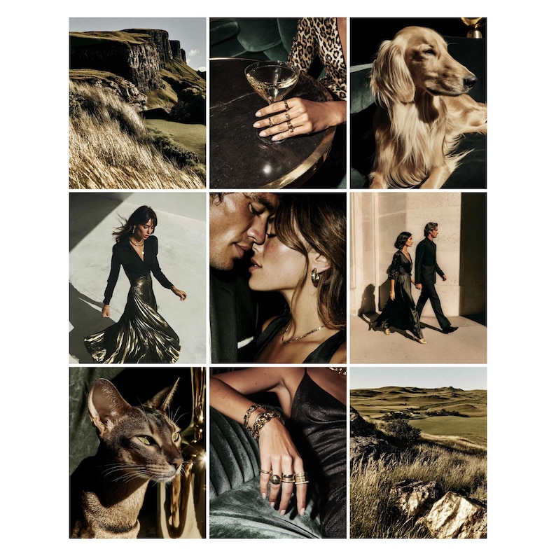 May include: A collage of images featuring a variety of subjects. Included are a landscape with a cliffside, a person's hand with rings holding a cocktail, a dog, a woman in a gold skirt, a couple, a couple walking, a cat, a hand with jewelry, and a landscape.
