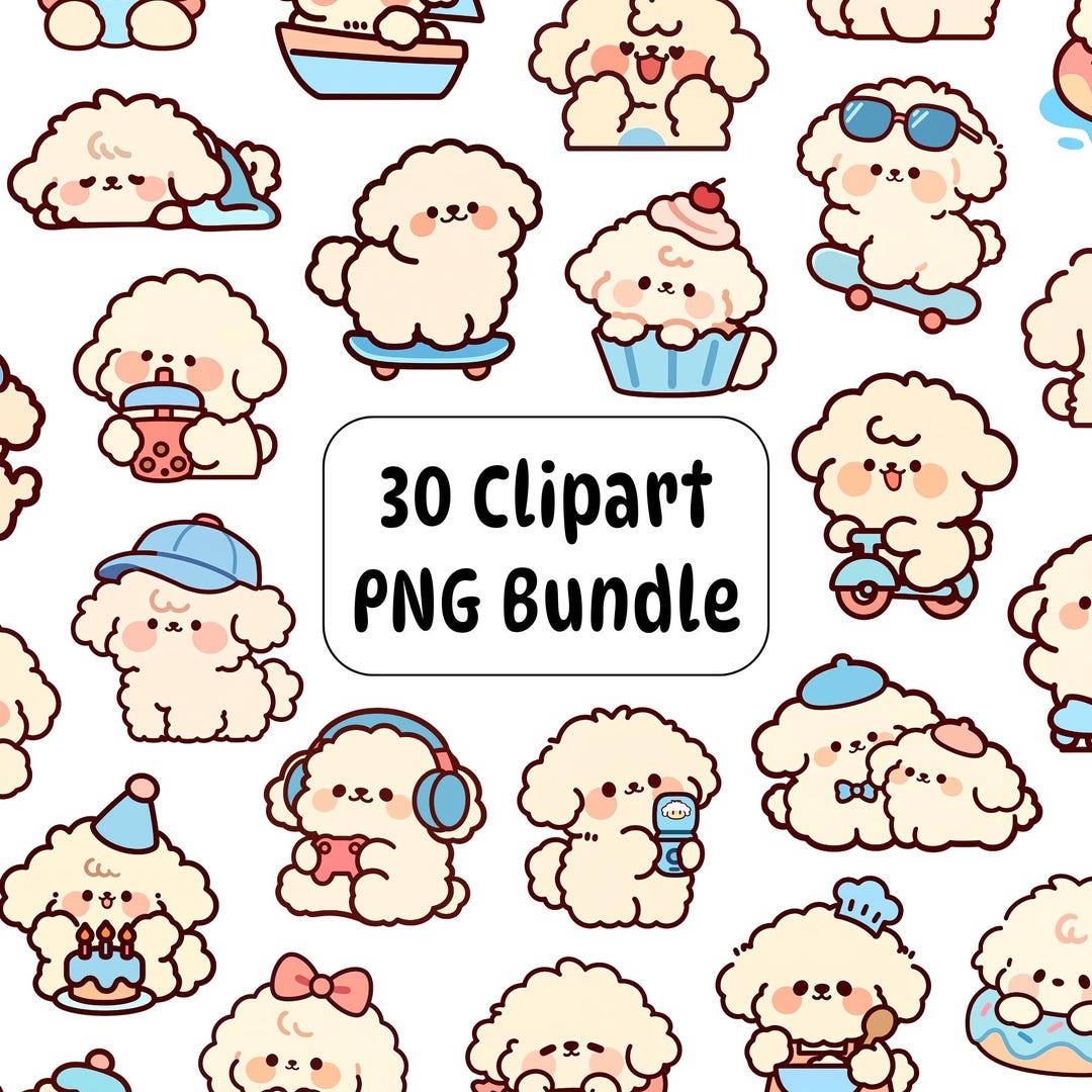 30 Kawaii Puppy Dog Clipart Bundle PNG Cartoon Poodle Characters ...