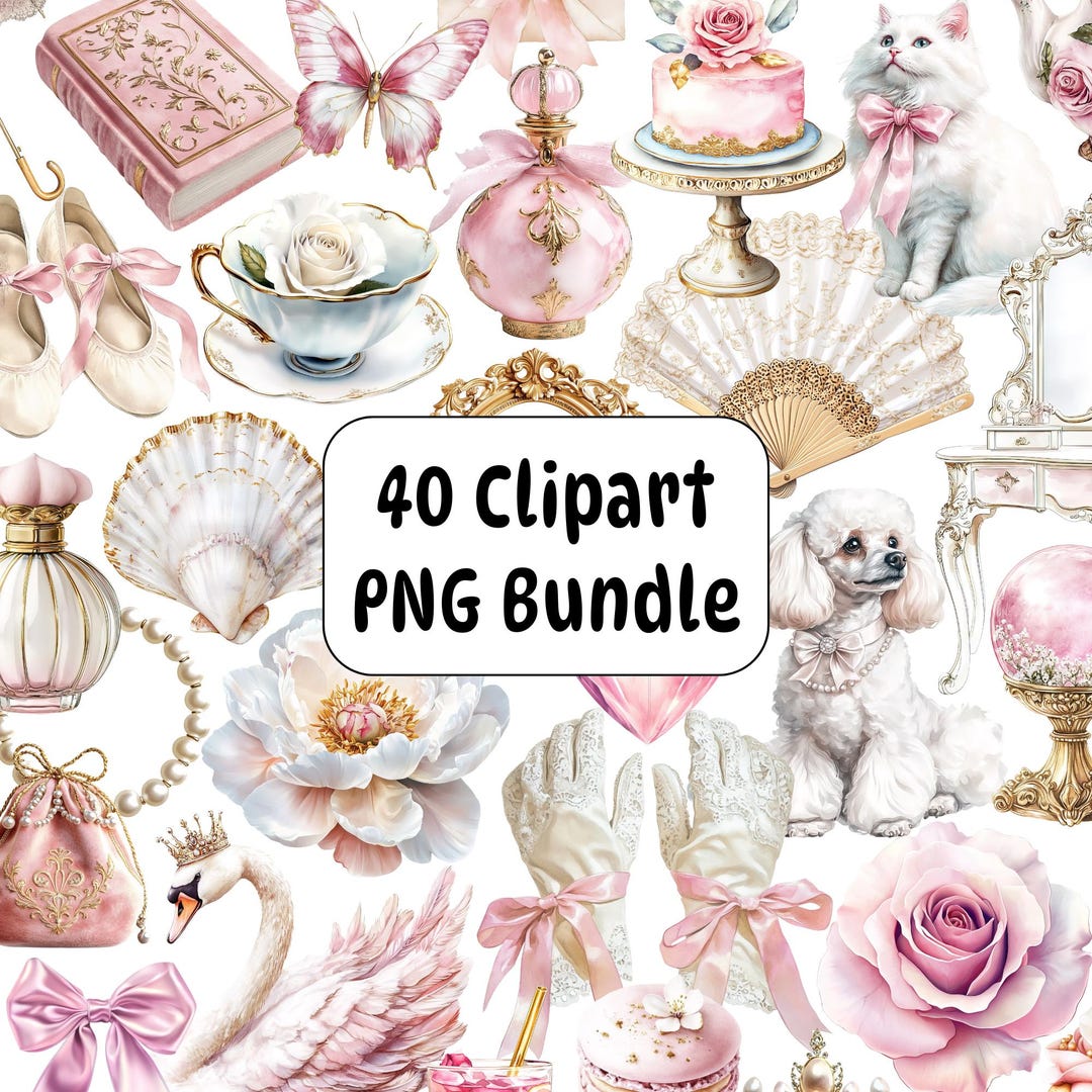Rococo Pink Clipart Bundle, 40 Vintage Princess PNG Graphics (digital ...